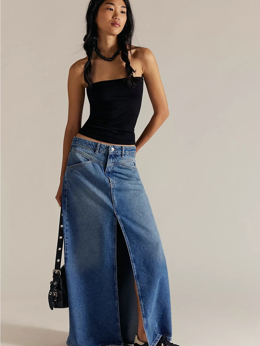 We The Free Come As You Are Sapphire Blue Denim Maxi Skirt with Front Button